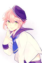  1boy blush commentary_request ensemble_stars! green_eyes hat himemiya_tori lips male_focus midriff nachie pink_hair sailor_collar sailor_hat sidelocks smile solo v 