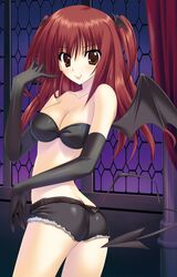  :p absurdres ass back bare_shoulders bat_hair_ornament bat_wings black_gloves black_shorts black_wings breasts brown_eyes butt_crack cleavage collarbone curtains demon_girl denim denim_shorts elbow_gloves female from_behind gloves hair_ornament highres indoors long_hair looking_at_viewer looking_back medium_breasts nanakase_yui nekonade_distortion red_hair scan shorts solo spread_wings tail thighhighs tongue tongue_out tsukinon twisted_torso two_side_up wings 