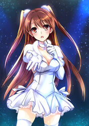  breasts brown_eyes brown_hair choker cleavage commentary_request dress female gloves highres long_hair medium_breasts microphone mintes ogiso_setsuna solo thighhighs two_side_up white_album_(series) white_album_2 white_dress white_gloves white_thighhighs 