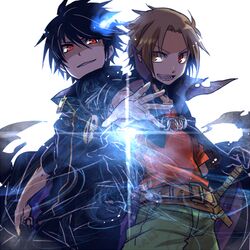  2boys alba_(senyuu) black_hair brown_hair cape commentary_request gloves multiple_boys red_eyes ross_(senyuu) sen&#039;yuu. short_hair yosakuh 