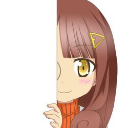  :3 aoki_hagane_no_arpeggio blush brown_hair commentary_request female hair_ornament hairclip hiding hyuuga_(aoki_hagane_no_arpeggio) lab_coat long_hair looking_at_viewer monocle nagineko orange_shirt peeking_out personification ribbed_sweater shirt smile solo sweater transparent_background yellow_eyes 