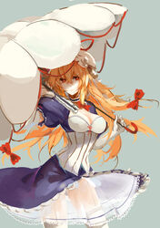  blonde_hair bow breasts choker cleavage commentary corset dress elbow_gloves female folded_fan folding_fan gloves hair_ribbon hairbow hand_fan hat highres long_hair medium_breasts orokanahime parasol puffy_sleeves ribbon smile solo thighhighs touhou transparent umbrella white_gloves white_thighhighs yakumo_yukari yellow_eyes 