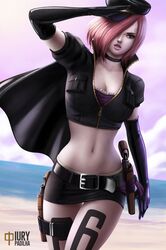  belt black_gloves black_hat blue_eyes cape curly_eyebrow curvy female gloves gun_holster hair_over_one_eye hat mini_skirt navel one_piece pink_hair solo stomach tattoo thighs vinsmoke_reiju 