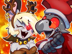  2018 android animal_crossing anthro avian bell bell_collar bella_(animal_crossing) bird blonde_hair breasts captain_southbird_(character) christmas christmas_clothing christmas_headwear cleavage clothed clothing collar conditional_dnp costume duo ear_piercing female fur glowing glowing_nose hair hat headgear headwear holidays horn machine male mammal mouse murid murine nintendo piercing red_eyes red_sclera reindeer_costume robot rodent sack santa_costume santa_hat teckworks white_body white_fur 