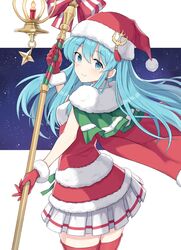  aqua_hair blue_eyes blue_hair blush cape christmas commentary_request dress eirika_(fire_emblem) eirika_(winter)_(fire_emblem) female fire_emblem fire_emblem:_the_sacred_stones fire_emblem_heroes fur_trim gloves hat highres jewelry long_hair looking_at_viewer merry_christmas open_mouth pera red_dress red_gloves sack santa_costume santa_hat simple_background skirt smile solo thighhighs weapon zettai_ryouiki 