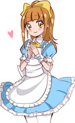  alice_(alice_in_wonderland) alice_(alice_in_wonderland)_(cosplay) alice_in_wonderland alternate_hairstyle blue_dress blush commentary_request cosplay dokidoki!_precure dress eyelashes female hair_ornament hair_ribbon happy haru_(nature_life) heart long_hair looking_at_viewer name_connection orange_eyes orange_hair pantyhose ponytail precure ribbon simple_background smile solo standing white_background white_pantyhose wrist_cuffs yotsuba_alice 