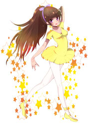  alternate_hairstyle amanogawa_kirara bad_id bad_pixiv_id breasts brown_hair cleavage dress earrings female full_body go!_princess_precure hair_ornament hair_ribbon haru_(nature_life) jewelry long_hair medium_breasts pantyhose ponytail precure purple_eyes purple_ribbon ribbon shoes solo star_(symbol) star_earrings white_background white_pantyhose yellow_dress 