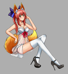  animal_ears asortofcolorfag bare_shoulders blush bow bra breasts cleavage collarbone colorized commentary_request drawfag fate/extra fate_(series) female fox_ears fox_tail grey_background hair_ribbon hairbow hand_in_own_hair large_breasts looking_at_viewer orange_tail panties pink_hair ribbon simple_background sitting solo strappy_heels tail tamamo_(fate) tamamo_no_mae_(fate/extra) thighhighs twintails underwear underwear_only white_bra white_panties white_thighhighs yellow_eyes 