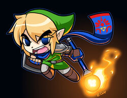  1boy armor blonde_hair blue_eyes chibi commentary_request fingerless_gloves gloves glowing hat hyrule_warriors link male_focus pauldrons pointy_ears robert_j_case scarf shoulder_armor solo the_legend_of_zelda toon_link tunic wand 