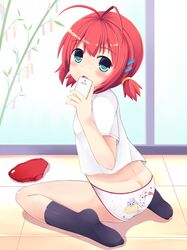  animal_print aqua_eyes back-print_panties bad_id bad_pixiv_id blush bra-ban! buruma cat_panties cat_print cellphone ebihara_minase female hair_ornament hairclip highres panties phone print_panties red_hair sakuraba_hikaru_(loveindog) shirt sitting solo tanabata tile_floor tiles underwear unworn_buruma wariza white_panties 