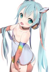  aqua_eyes aqua_hair bare_shoulders blush breasts choker cleavage clothes_writing commentary cowboy_shot female from_above gloves goodsmile_company goodsmile_racing hair_between_eyes hair_ornament hatsune_miku headphones long_hair looking_at_viewer looking_up medium_breasts omucchan_(omutyuan) open_mouth race_queen racing_miku racing_miku_(2016) red_gloves red_legwear signature simple_background smile solo strapless twintails very_long_hair vocaloid white_background 