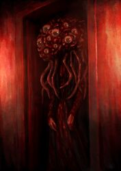  bloodborne brain commentary_request doorway eldritch_abomination eyeball guru highres horror_(theme) no_humans red_theme solo standing winter_lantern 