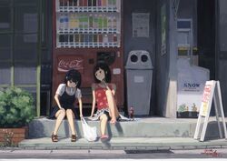  2girls bag black_dress black_eyes black_hair blue_shorts bottle brown_footwear building bush coca-cola cola commentary dated day denim denim_shorts dress floral_print flower food highres holding holding_bag ice_cream knee_up knees_together_feet_apart lolicon looking_at_another looking_down looking_to_the_side menu_board multiple_girls original outdoors pink_footwear plant plastic_bag red_shirt road sandals scenery shade shirt short_hair short_sleeves shorts side-by-side sign signature sitting spring_(season) street sunlight tank_top tape translation_request trash_can vending_machine white_flower white_shirt window yakikoke 