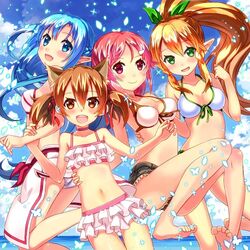  4girls animal_ears asuna_(sao) asuna_(sao-alo) beach bikini bikini_skirt blonde_hair blue_eyes blue_hair blush braid brown_hair buntan cat_ears cat_girl commentary_request cutoffs day denim denim_shorts elf front-tie_top green_eyes leafa lisbeth_(sao) lisbeth_(sao-alo) long_hair long_legs looking_at_viewer medium_hair multiple_girls ocean open_mouth outdoors pink_hair pointy_ears ponytail red_eyes short_hair shorts silica silica_(sao-alo) smile swimsuit sword_art_online thigh_gap twin_braids twintails very_long_hair water 