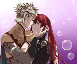  artist_request blonde_hair blush eudes_(fire_emblem) female fire_emblem fire_emblem_if gradient gradient_background long_hair luna_(fire_emblem_if) nintendo odin_(fire_emblem_if) red_eyes red_hair serena_(fire_emblem) twintails 