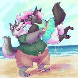  1:1 2016 anthro aurelina_canidae beach blue_eyes canid canine canis claws clothed clothing detailed_background disney duo fangs feet female fur hair happy hi_res lifting male male/female mammal outside overweight pawpads pink_hair red_eyes sand sea seaside sky smile standing teeth toe_claws toes water well-dressed-wolf wolf zootopia 