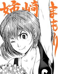  ;) anezaki_mamori arm_up bad_id bad_twitter_id breasts character_name cheerleader commentary_request doitsuken eyeshield_21 female greyscale limited_palette looking_at_viewer monochrome one_eye_closed pom_pom_(cheerleading) short_hair smile spot_color upper_body 