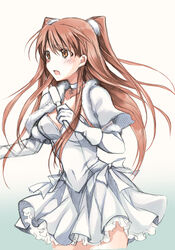  bow breasts brown_eyes brown_hair choker cleavage commentary_request dress elbow_gloves female gloves highres long_hair medium_breasts microphone mintes ogiso_setsuna open_mouth solo two_side_up white_album_(series) white_album_2 white_dress white_gloves 