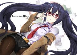  adjusting_eyewear belt between_breasts black_hair black_pantyhose breasts commentary_request cosplay dress_shirt female glasses imai_asami jacket long_hair makise_kurisu makise_kurisu_(cosplay) medium_breasts necktie necktie_between_breasts neptune_(series) noire_(neptunia) off_shoulder open_mouth pantyhose pantyhose_under_shorts parody red-framed_eyewear red_eyes red_necktie shiitake_urimo shirt shorts solo steins;gate title_parody twintails twitter_username very_long_hair voice_actor_connection 