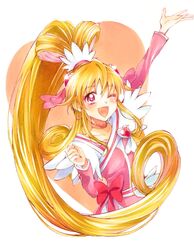  ;d aida_mana arm_up blonde_hair brooch choker commentary_request cure_heart dokidoki!_precure female heart heart_brooch highres jewelry long_hair looking_at_viewer magical_girl marker_(medium) mikan_(mikataaaa) one_eye_closed open_mouth pink_arm_warmers pink_eyes pink_sleeves ponytail precure smile solo traditional_media very_long_hair 