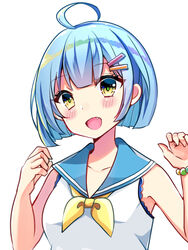  :d ahoge bad_id bad_pixiv_id blue_hair blue_sailor_collar blush bracelet breasts collarbone female green_eyes hair_ornament hairclip jewelry looking_at_viewer medium_breasts minami_saki neckerchief oerba_yun_fang open_mouth pixiv&#039;s_virtual_youtuber_audition sailor_collar school_uniform serafuku shirt short_hair simple_background sleeveless sleeveless_shirt smile solo upper_body virtual_youtuber white_background white_shirt yellow_neckerchief yuuki_uki 