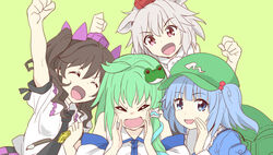  4girls animal_ears arm_up backpack bag bare_shoulders blue_eyes blue_hair bow brown_hair cellphone checkered_clothes checkered_skirt closed_eyes commentary_request detached_sleeves frog frog_hair_ornament green_hair grey_hair hair_bobbles hair_ornament hairbow hat himekaidou_hatate inubashiri_momiji kawashiro_nitori kochiya_sanae long_hair multiple_girls naegi_(naegidokoro) necktie open_mouth phone pointy_ears pom_pom_(clothes) red_eyes short_hair short_sleeves simple_background skirt snake snake_hair_ornament the_rolling_girls tokin_hat touhou twintails two_side_up white_hair wolf_ears 