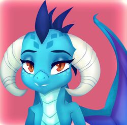  2016 absurd_res anthro blue_body blue_scales buttercup_saiyan dragon female friendship_is_magic hasbro hi_res horn looking_at_viewer membrane_(anatomy) membranous_wings my_little_pony mythological_creature mythological_scalie mythology pink_background princess_ember_(mlp) scales scalie simple_background solo wings 