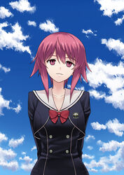  arms_behind_back badge black_serafuku blue_sky bow bowtie breasts chaos;child cloud cloudy_sky collarbone commentary_request day female gonoike_biwa head_tilt long_sleeves looking_at_viewer medium_breasts onoe_serika parted_lips pink_eyes pink_hair red_bow red_bowtie sailor_collar school_uniform serafuku short_hair_with_long_locks sky smile solo upper_body 