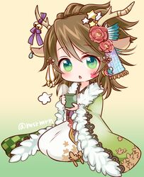  animal_ears antler_ornament antlers bad_id bad_pixiv_id bell brown_hair coat cup deer_ears facial_tattoo female flower fur_trim green_eyes hair_flower hair_ornament hair_up horns japanese_clothes jingle_bell kano_(p&amp;d) kimono looking_at_viewer mashiro_miru puzzle_&amp;_dragons ribbon seiza sitting solo sparkling_eyes star_(symbol) star_hair_ornament tattoo teacup twitter_username 