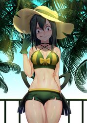  asui_tsuyu bikini boku_no_hero_academia bow bow_bikini breasts chen_zhang commentary_request cup drinking_glass female gloves green_eyes green_hair hair_rings hat holding holding_cup licking_lips long_hair looking_at_viewer medium_breasts navel outdoors palm_tree solo sun_hat swimsuit tongue tongue_out tree very_long_hair 