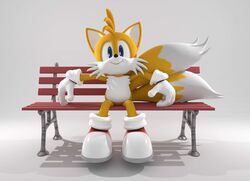  2_tails 3d_(artwork) anthro bench bench_tails black_nose canid canine clothing digital_media_(artwork) fox fur gloves handwear hi_res looking_at_viewer male mammal multi_tail on_bench sega simple_background smile smpthehedgehog solo sonic_the_hedgehog_(series) tail tails 