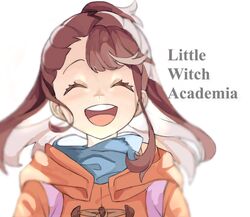  ^_^ bad_id bad_twitter_id blue_scarf brown_hair closed_eyes coat copyright_name duffel_coat female happy jacket kagari_atsuko little_witch_academia open_mouth portrait round_teeth scarf sidelocks simple_background smile solo teeth white_background zjz4s 