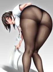  absurdres ass bent_over black_hair black_pantyhose blush brown_eyes commentary_request crotch_seam female highres long_hair looking_at_viewer name_tag office_lady open_mouth original pantyhose skirt solo tama_(tamakaka1031) thighband_pantyhose 