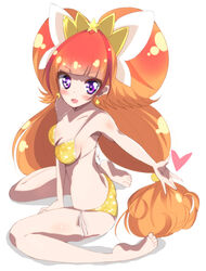  amanogawa_kirara armpits bare_shoulders bikini blush breasts cleavage commentary_request cure_twinkle earrings eyelashes female full_body go!_princess_precure hair_ornament half_updo happy haru_(nature_life) jewelry looking_at_viewer magical_girl medium_breasts multicolored_hair open_mouth orange_hair outstretched_arm precure purple_eyes quad_tails red_hair ribbon sideboob simple_background sitting smile soles solo star_(symbol) star_earrings streaked_hair swimsuit twintails two-tone_hair white_background 