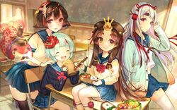  4girls aqua_hair arm_support bento black_legwear bread brown_hair cardigan carp chalkboard chin_(onmyoji) chopsticks classroom closed_eyes commentary facial_hair food hand_up hands_on_shoulders happy hat highres hirabitai holding holding_chopsticks indoors itsumade_(onmyoji) kaguya_hime_(onmyoji) kingyo_hime_(onmyoji) light_particles light_rays long_hair looking_at_viewer mask mask_on_head melon_bread midriff moustache multiple_girls oni_mask onmyoji pentagram pierorabu pleated_skirt purple_hair red_eyes saishi school_uniform serafuku short_hair sitting skirt smile sunlight thighhighs transparent watermark white_legwear yin_yang 