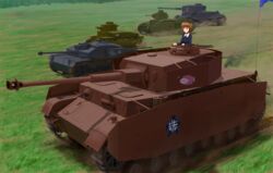  anglerfish brown_hair caterpillar_tracks char_b1 commentary_request day emblem female fish flag fokker girls_und_panzer grass highres military military_vehicle motor_vehicle nishizumi_miho ooarai_(emblem) ooarai_military_uniform outdoors panzer_iv shirt sturmgeschutz_iii tank tiger_(p) type_89_i-gou 