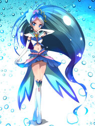  arm_warmers blue_eyes blue_hair blue_skirt blush boots brooch commentary_request cure_mermaid detached_sleeves earrings eyelashes female gloves go!_princess_precure hair_ornament happy haru_(nature_life) jewelry kaidou_minami knee_boots kneehighs long_hair looking_at_viewer magical_girl midriff multicolored_hair navel ponytail precure purple_hair shell shell_earrings skirt skirt_set smile socks solo standing streaked_hair two-tone_hair very_long_hair white_gloves wrist_cuffs 