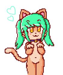  8-bit :3 anthro blush chabooey collar domestic_cat felid feline felis female fur green_hair hair heart_symbol looking_at_viewer mammal navel simple_background smile solo ultramanultrax yellow_eyes 