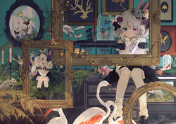  animal_ears bad_id bad_pixiv_id balabling bird blue_eyes bug butterfly candle commentary empty_picture_frame english_commentary female framed_insect gloves hand_on_own_face heterochromia original picture_frame purple_eyes rabbit_ears shoes socks white_gloves white_hair 