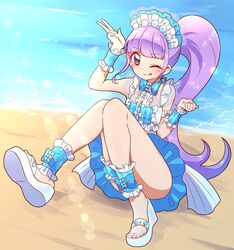  barefoot beach day female full_body high_side_ponytail highres kiratto_pri_chan long_hair manaka_non ocean one_eye_closed platform_footwear pretty_series pripara purple_hair rr_aikatsu sandals side_ponytail solo summer_maid_coord very_long_hair water wedge_heels 