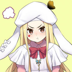  :t absurdres blonde_hair blush bow bowtie brown_eyes bug butterfly butterfly_on_hat capelet commentary compilation facial_mark female hat heart highres key long_hair looking_at_viewer luis_cammy luis_cammy_(young) nijisanji oogushi_aritomo pout puff_of_air red_bow red_bowtie simple_background solo upper_body v-shaped_eyebrows virtual_youtuber white_capelet white_hat yellow_background 