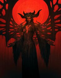  bat_wings black_horns breasts closed_mouth demon demon_girl demon_horns demon_wings diablo_(series) diablo_4 dress female highres horns jason_engle lilith_(diablo) long_sleeves looking_at_viewer medium_breasts red_background robe solo torn_clothes torn_robe wings 