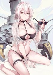  azur_lane between_legs bikini black_bikini breasts cleavage closed_mouth collarbone commentary_request crop_top female front-tie_top glasses hair_between_eyes halterneck hand_between_legs highres holding holding_removed_eyewear looking_at_viewer off_shoulder official_alternate_costume parang red_eyes shirt short_hair short_sleeves sirius_(azur_lane) sirius_(scorching-hot_seirios)_(azur_lane) sitting skindentation solo sunglasses swimsuit thigh_strap unworn_eyewear wariza white_hair white_shirt wristband 