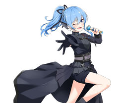  ;d absurdres black_gloves black_shirt black_shorts black_skirt blue_eyes blue_hair chest_belt earrings felutiahime female from_side gloves hair_ribbon highres holding holding_microphone hololive hoshimachi_suisei hoshimachi_suisei_(shout_in_crisis) jewelry knee_up light_blush long_hair long_skirt long_sleeves microphone official_alternate_costume official_alternate_hairstyle one_eye_closed open_mouth overskirt ribbon see-through see-through_sleeves shirt short_ponytail shorts simple_background skirt smile solo star_(symbol) star_in_eye symbol_in_eye virtual_youtuber white_background 