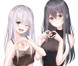  2girls ;d absurdres bad_id bad_pixiv_id bare_arms bare_shoulders black_shirt breasts camisole cleavage closed_mouth commentary crop_top haru_(muyang) heart heart_hands highres medium_breasts multiple_girls muyang one_eye_closed open_mouth original shirt sleeveless sleeveless_shirt smile symbol-only_commentary taut_clothes taut_shirt upper_body 