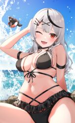  absurdres bare_shoulders beach bikini black_bikini black_collar black_hair blush breasts cleavage collar colored_skin female grey_hair hair_ornament highres hololive inu_(sakamata_chloe) large_breasts long_hair looking_at_viewer multicolored_hair navel ocean one_eye_closed open_mouth outdoors red_eyes sable_mint sakamata_chloe smile streaked_hair swimsuit virtual_youtuber white_skin x_hair_ornament 