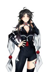  ahoge asymmetrical_clothes bad_id bad_postype_id bare_shoulders black_eyes black_hair bodysuit breasts bright_pupils cleavage closed_mouth cowboy_shot detached_collar female female_lord_(lord_of_heroes) hair_ornament hand_in_own_hair hand_on_own_hip hand_up highres huge_0330 long_hair lord_(lord_of_heroes) lord_of_heroes medium_breasts simple_background single_pantsleg single_thighhigh solo standing sweatdrop thighhighs white_background white_pupils 