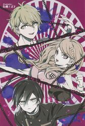  ahoge akamatsu_kaede amami_rantarou bangs black_headwear black_jacket blonde_hair blood blood_splatter brown_eyes buttons chains clenched_hand danganronpa_(series) danganronpa_v3:_killing_harmony double-breasted earrings green_hair hair_between_eyes hand_up highres jacket jewelry long_hair long_sleeves looking_at_viewer necklace official_art open_mouth pink_eyes pink_vest saihara_shuuichi scan short_hair solo striped_jacket sweater_vest upper_body upper_teeth vest 