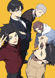  5boys absurdres arashiyama_jun bad_id bad_twitter_id black_eyes black_hair black_jacket black_pants blue_eyes blue_jacket brown_hair brown_jacket collared_shirt commentary cowboy_shot crossed_arms glasses grey_eyes grey_hair hand_up highres hood hood_down ikoma_tatsuhito jacket jin_yuuichi kakizaki_kuniharu long_sleeves male_focus multiple_boys open_mouth own_hands_together pants red_shirt shirt short_hair simple_background smile standing symbol-only_commentary tsurime v very_short_hair white_shirt world_trigger xia_(ryugo) yellow_background yuba_takuma 