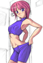  breasts clothes_pull female mai_kobayashi midriff navel pink_hair purple_eyes sangekimaru small_breasts super_robot_wars super_robot_wars_original_generation 